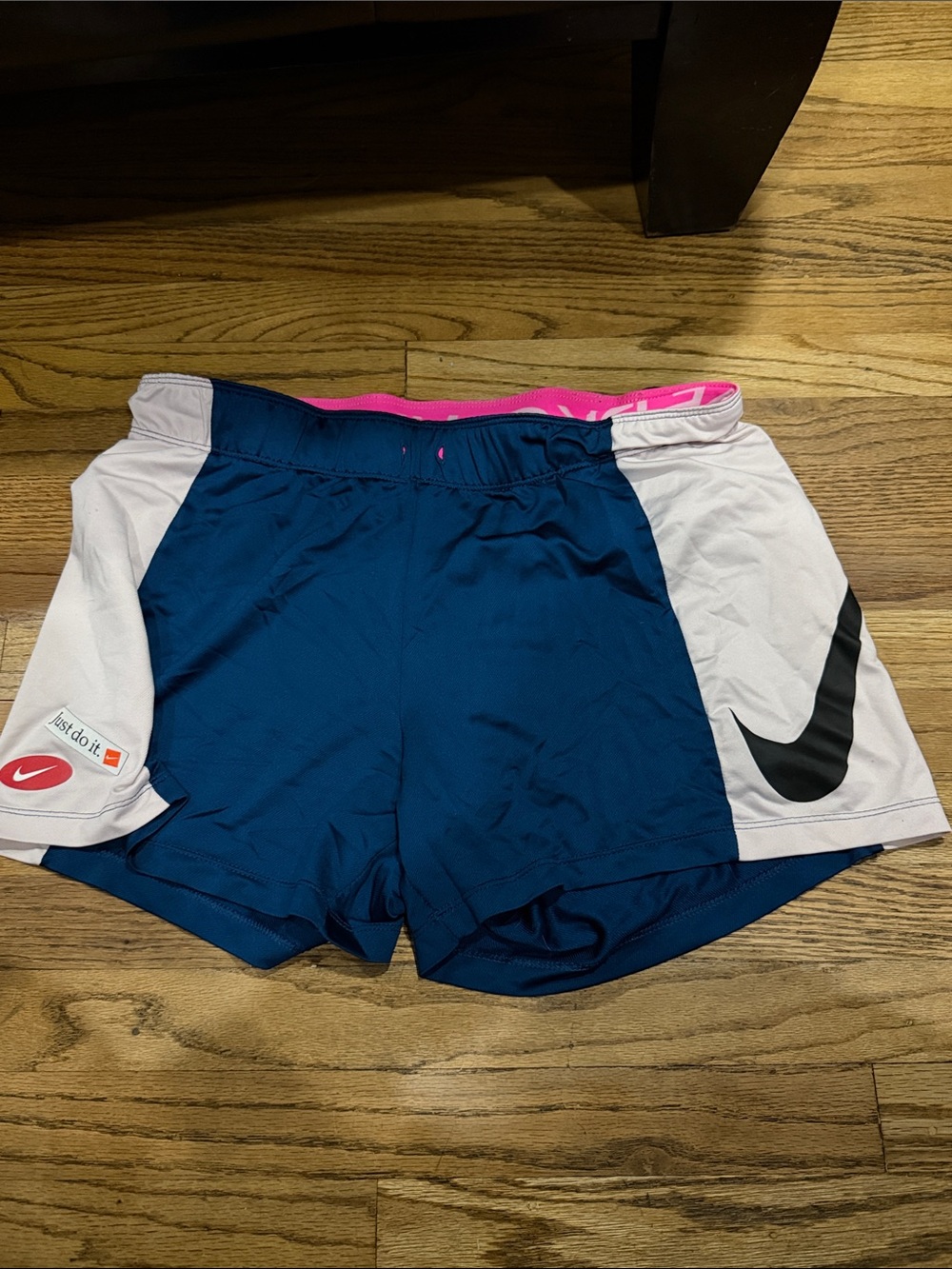 Nike Women's Navy and White Athletic Shorts with Pink Waistband